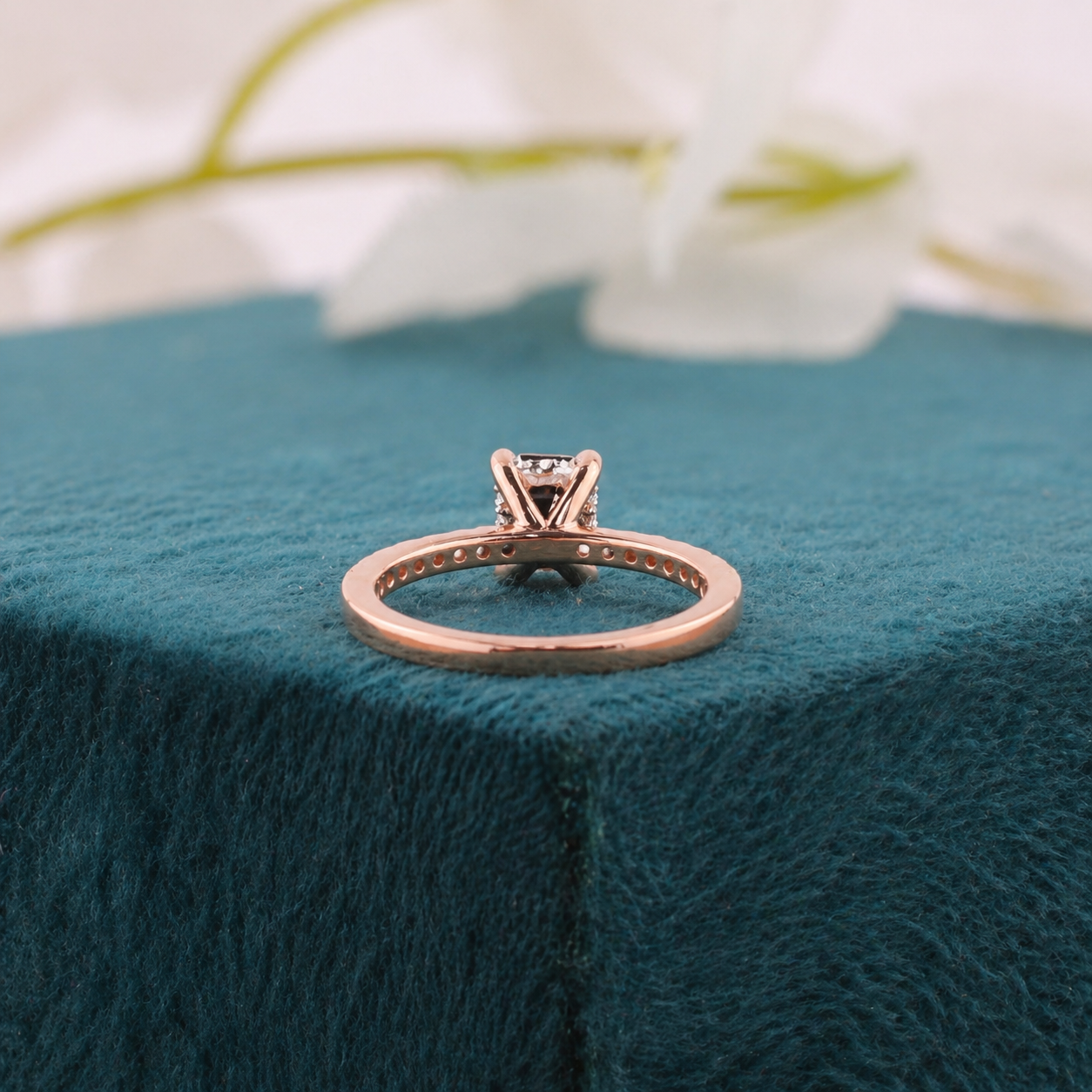 Emerald Cut Black Diamond Ring – 10K Rose Gold with Pave Band Accent
