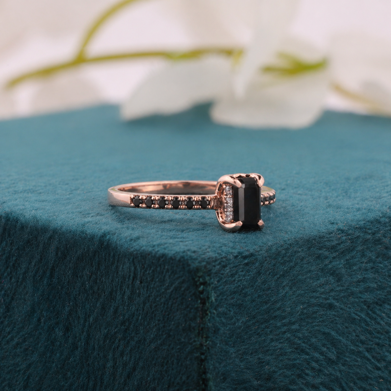 Emerald Cut Black Diamond Ring – 10K Rose Gold with Pave Band Accent