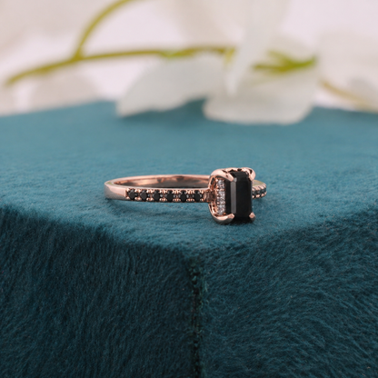 Emerald Cut Black Diamond Ring – 10K Rose Gold with Pave Band Accent