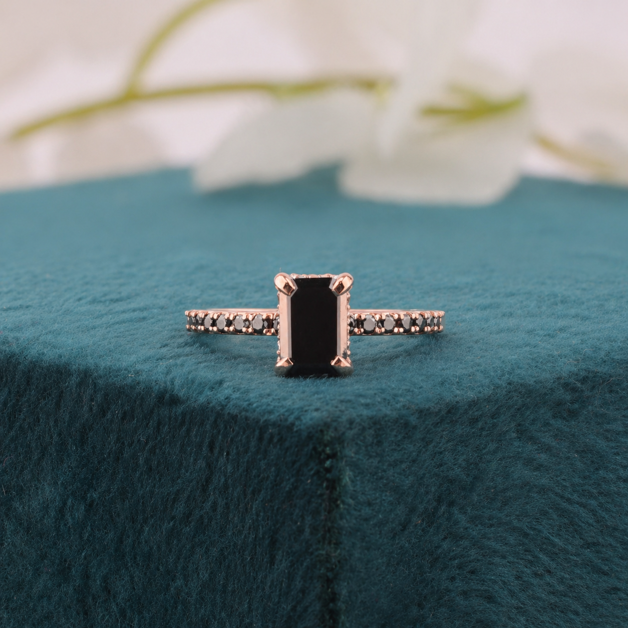 Emerald Cut Black Diamond Ring – 10K Rose Gold with Pave Band Accent