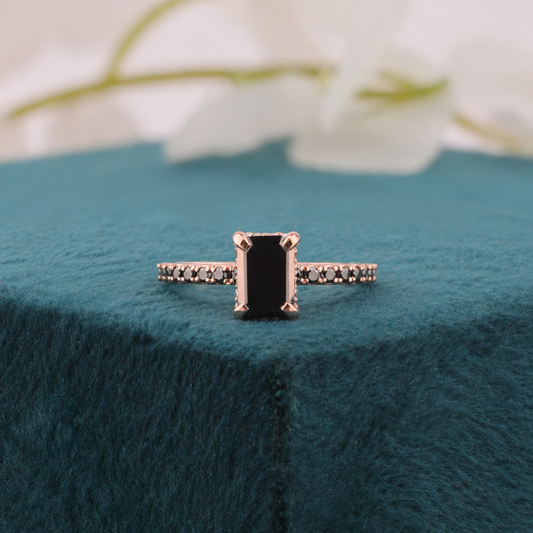Emerald Cut Black Diamond Ring – 10K Rose Gold with Pave Band Accent