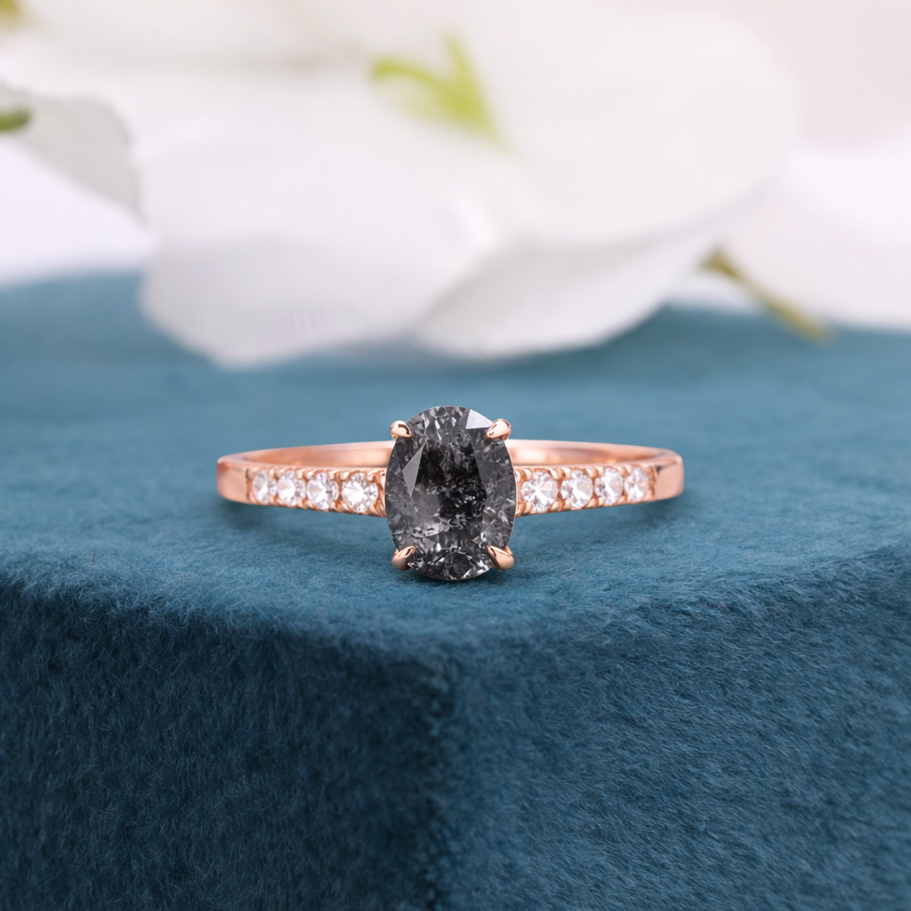Oval Salt and Pepper Diamond Ring Rose Gold | Unique Engagement Ring | Minimalist Diamond Ring | Alternative Bridal Ring