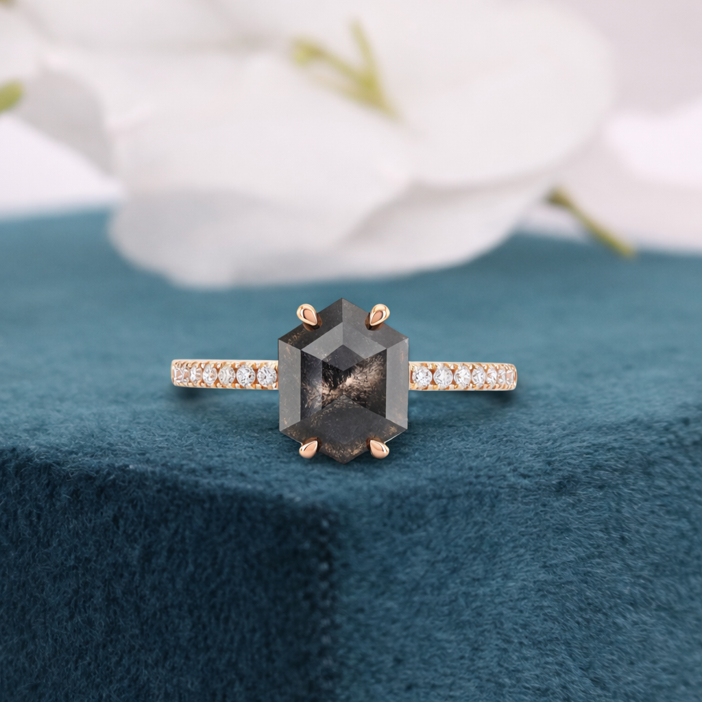 Hexagon Salt and Pepper Diamond Ring Rose Gold | Unique Engagement Ring | Geometric Diamond Ring | Alternative Bridal Ring