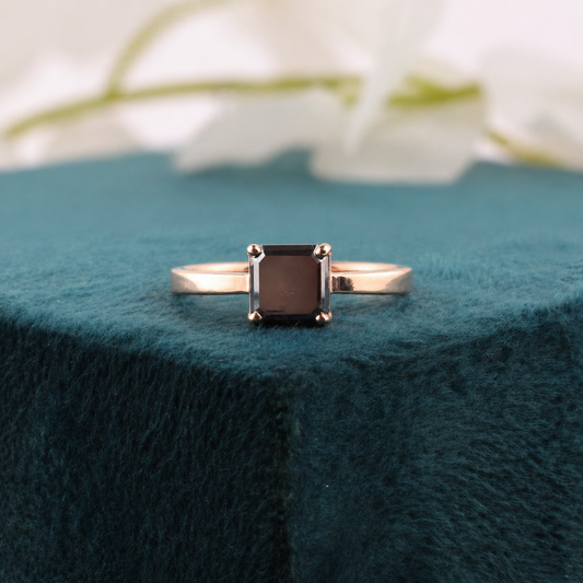 Modern Emerald Cut Black Diamond Ring With 10k Rose Gold