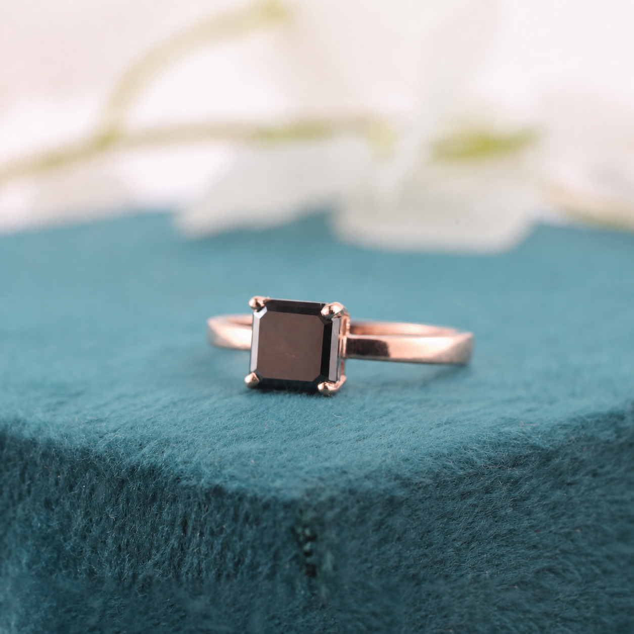 Modern Emerald Cut Black Diamond Ring With 10k Rose Gold