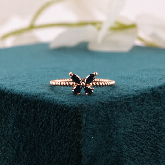 Butterfly Ring with Black Crystals – Textured Band Beauty