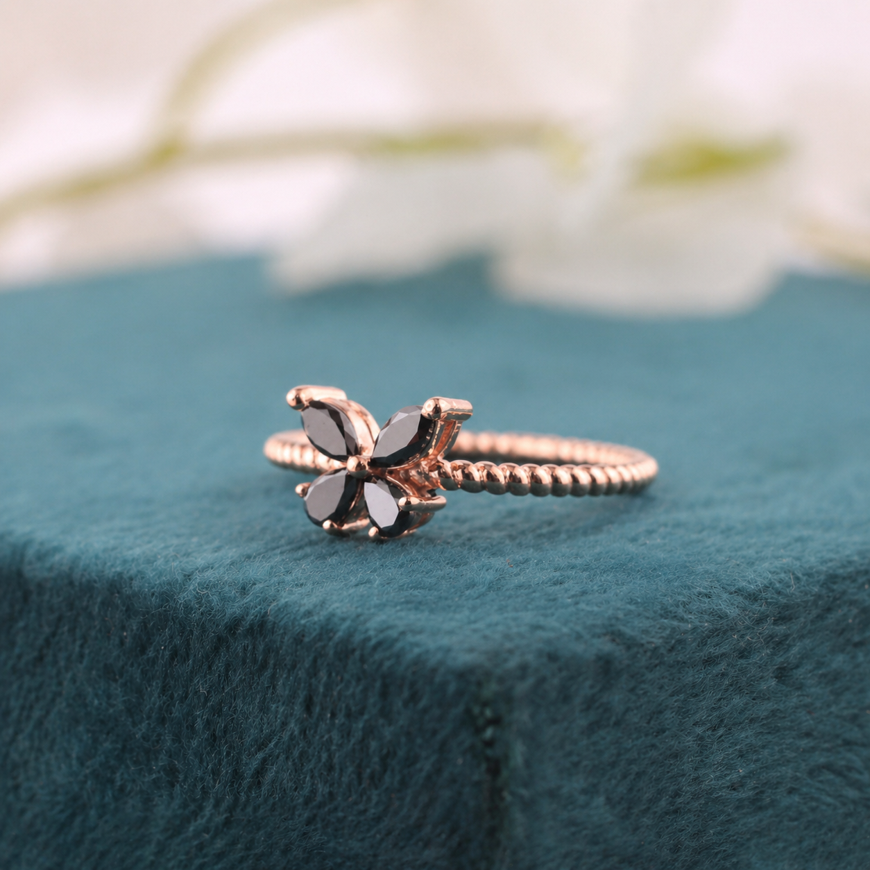 Butterfly Ring with Black Crystals – Textured Band Beauty
