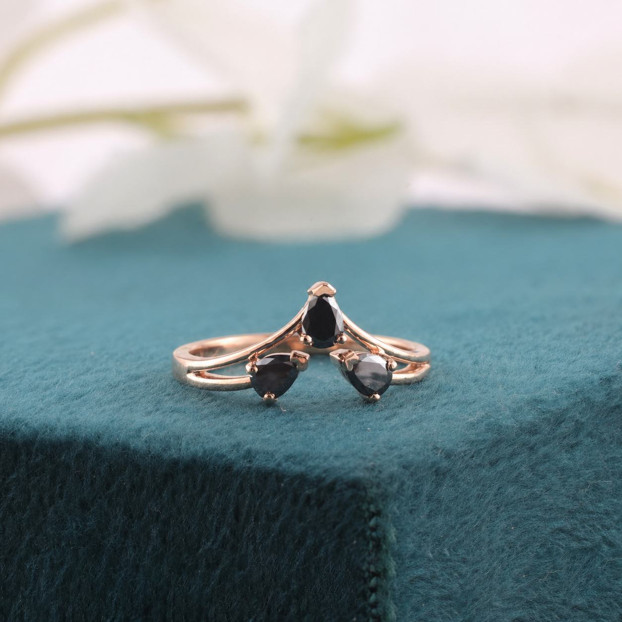 Triple Pear Black Diamond Ring in 10K Rose Gold – Bold & Beautiful