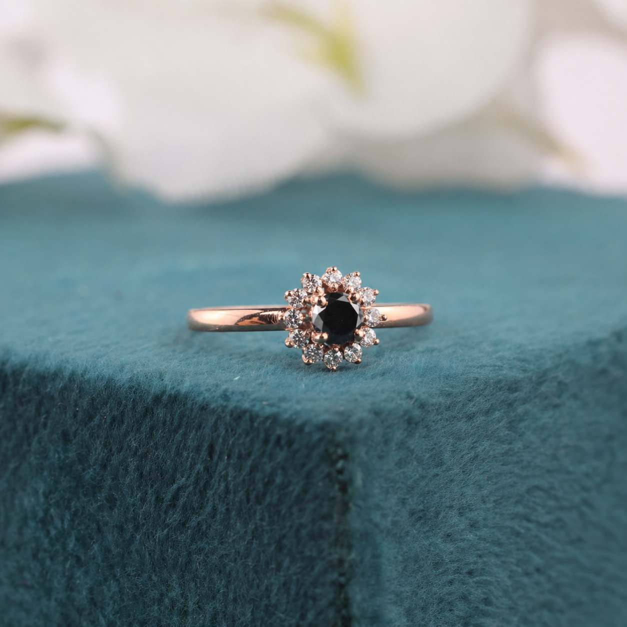 Vintage-Inspired Black Diamond Ring – 10K Rose Gold Elegance