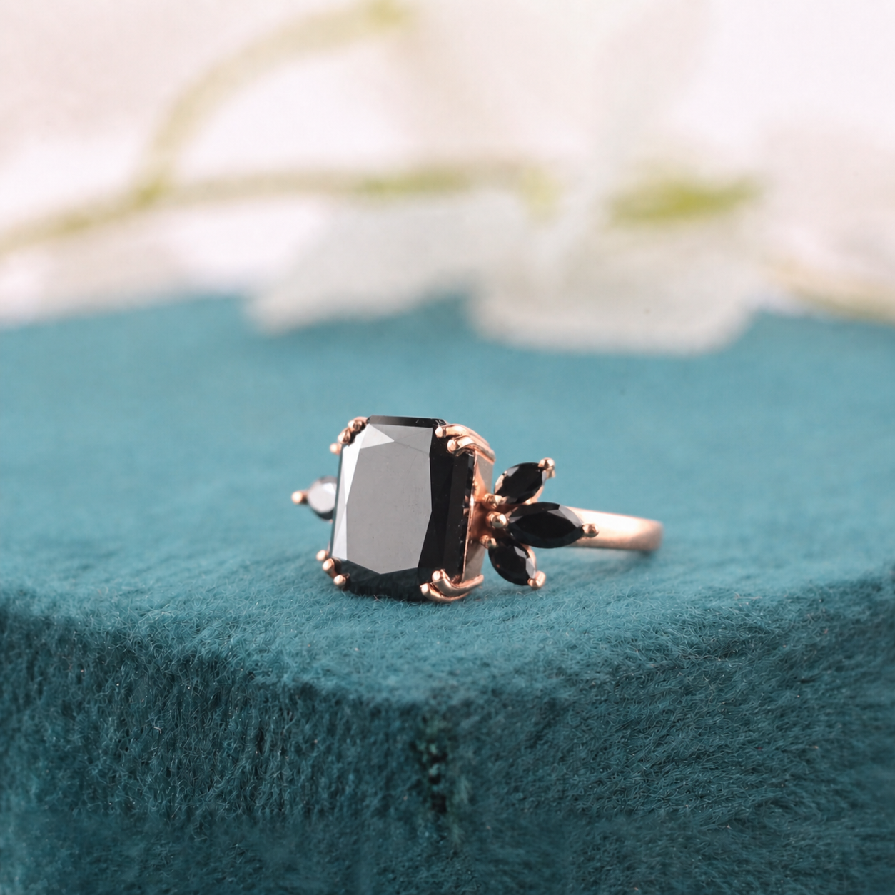 Art Deco Black Diamond Ring – Emerald Cut with Marquise Flair