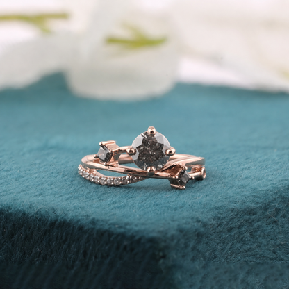 Raw Elegance – Round & Princess Salt and Pepper Diamond Ring