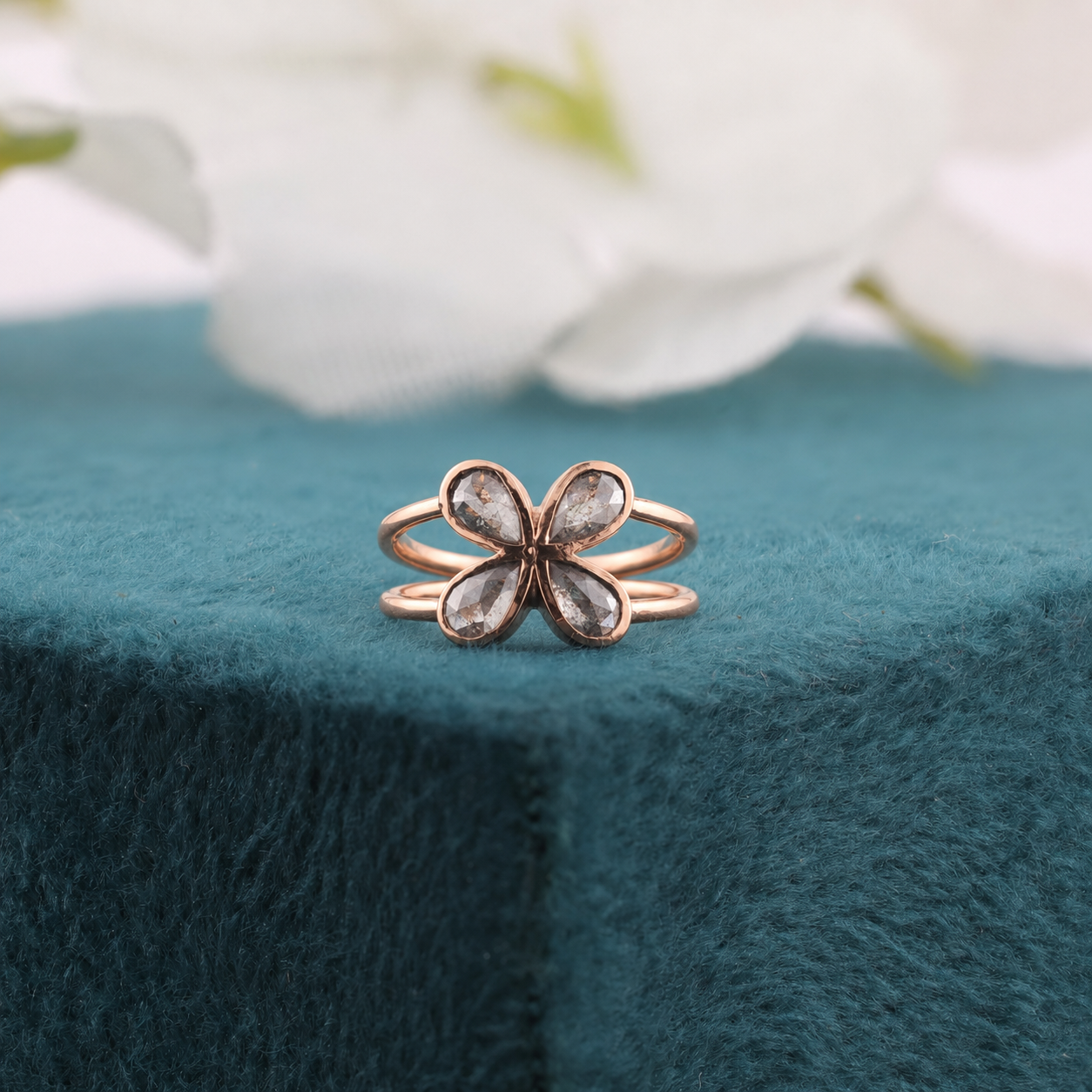 Pear Cut Diamond Flower Ring: 10k Rose Gold, Salt & Pepper Diamond