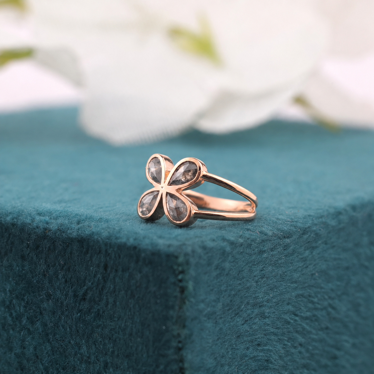 Pear Cut Diamond Flower Ring: 10k Rose Gold, Salt & Pepper Diamond
