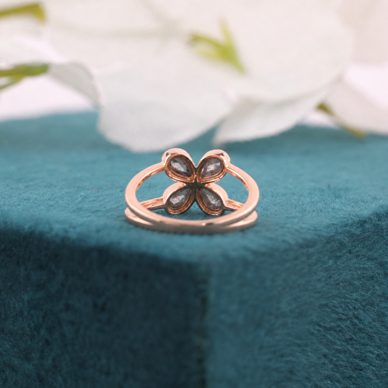 Pear Cut Diamond Flower Ring: 10k Rose Gold, Salt & Pepper Diamond