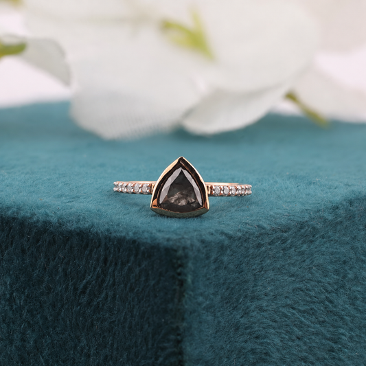 Modern Black Diamond Engagement Ring in Gold – Unique Triangle Cut Bridal Ring