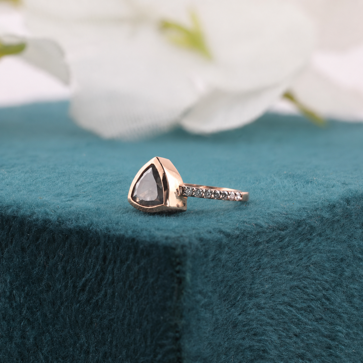 Modern Black Diamond Engagement Ring in Gold – Unique Triangle Cut Bridal Ring