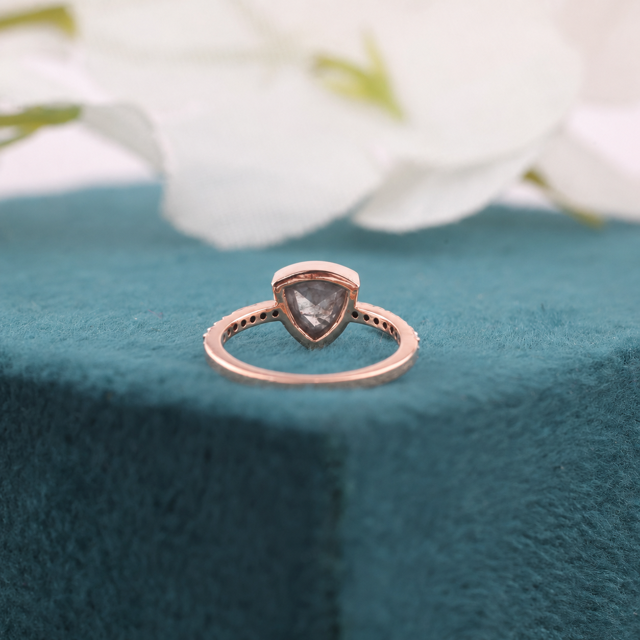 Modern Black Diamond Engagement Ring in Gold – Unique Triangle Cut Bridal Ring