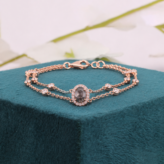 Double Chain Oval Cut Diamond Bracelet | 10K Gold Plated | Dainty Jewelry Gift for Women