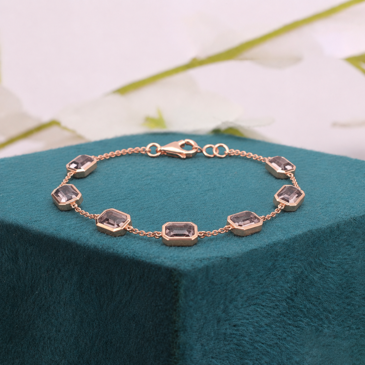 Raw Diamond Bracelet | Rose Gold Emrald Cut Bracelet | Dainty Handmade Jewelry | Salt and pepper Diamond Gift for Her