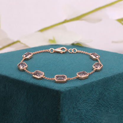 Raw Diamond Bracelet | Rose Gold Emrald Cut Bracelet | Dainty Handmade Jewelry | Salt and pepper Diamond Gift for Her