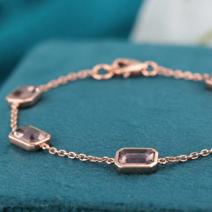 Raw Diamond Bracelet | Rose Gold Emrald Cut Bracelet | Dainty Handmade Jewelry | Salt and pepper Diamond Gift for Her