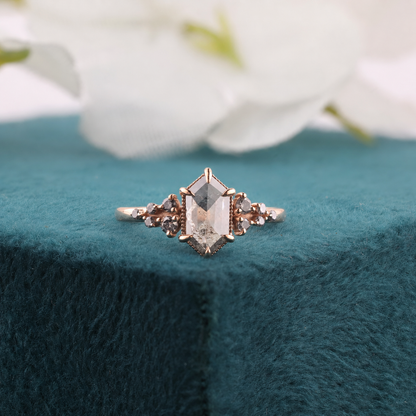 Salt and Pepper Hexagon Diamond Engagement Ring in Gold