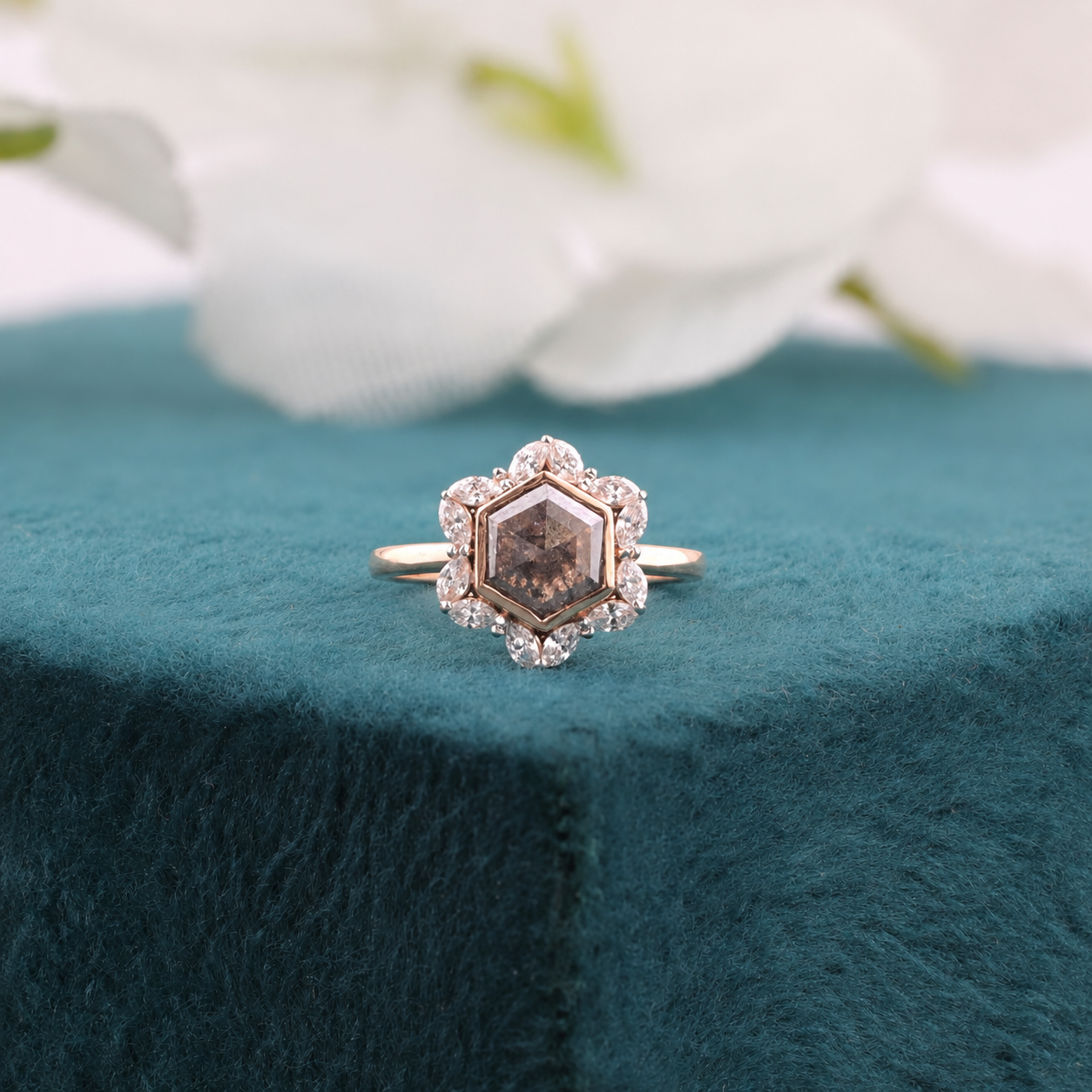 1.20CT Hexagon Diamond Ring, 0.36ct Marquise Side Stone Ring, Unique Hexagon Engagement Ring