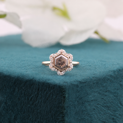 1.20CT Hexagon Diamond Ring, 0.36ct Marquise Side Stone Ring, Unique Hexagon Engagement Ring