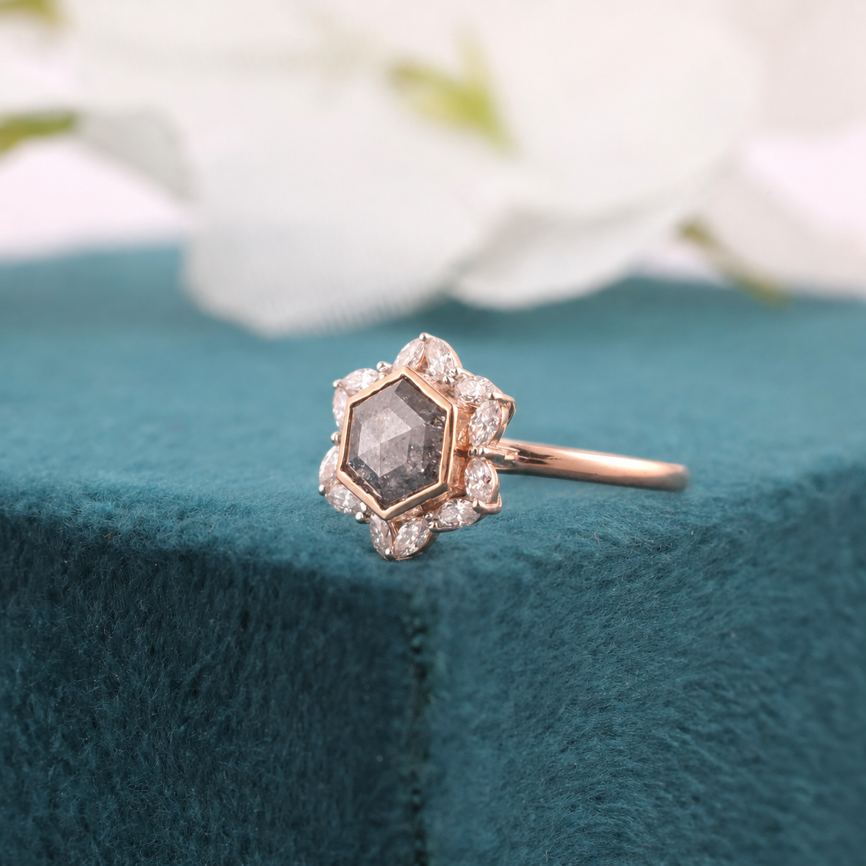 1.20CT Hexagon Diamond Ring, 0.36ct Marquise Side Stone Ring, Unique Hexagon Engagement Ring