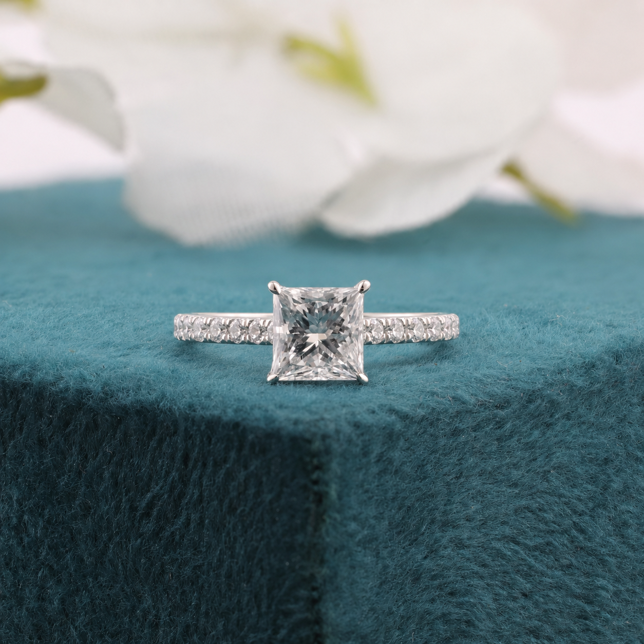 1.20ct Princess Diamond Ring GIA Certified, 18K White Gold Engagement Ring, 0.33ct Round Accent Diamonds, Classic Bridal Ring