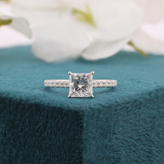 1.20ct Princess Diamond Ring GIA Certified, 18K White Gold Engagement Ring, 0.33ct Round Accent Diamonds, Classic Bridal Ring