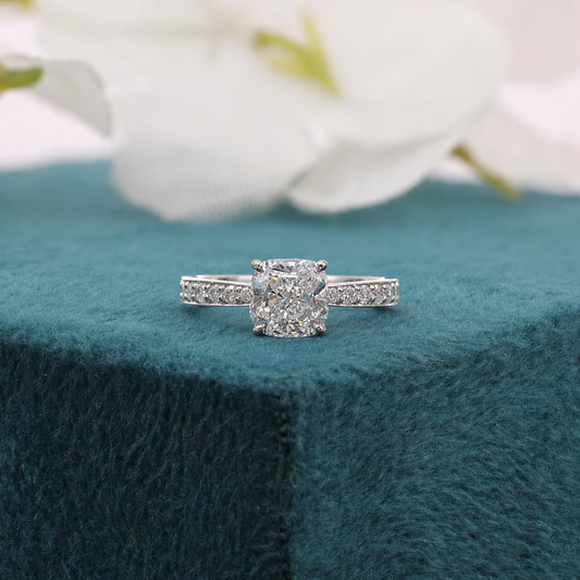 Cushion Cut Lab Grown Diamond Ring with Round Side Stones – Modern Sustainable Engagement Ring