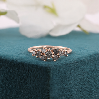 Salt and Pepper Diamond Cluster Ring Yellow Gold | Round Diamond Ring | Unique Engagement Ring | Minimalist Diamond Ring