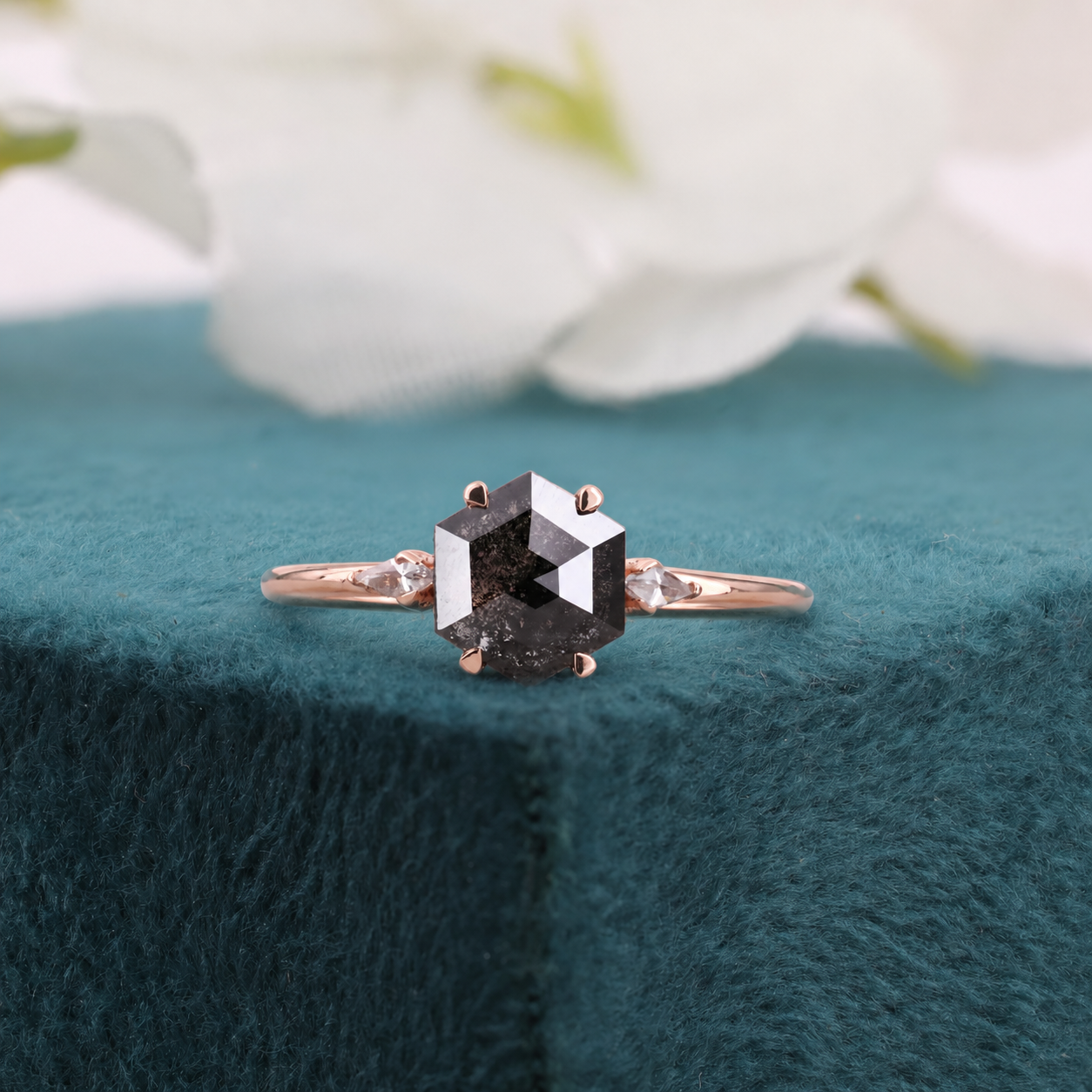 Hexagon Salt and Pepper Diamond Ring Rose Gold | Unique Engagement Ring | Geometric Diamond Ring | Alternative Bridal Ring