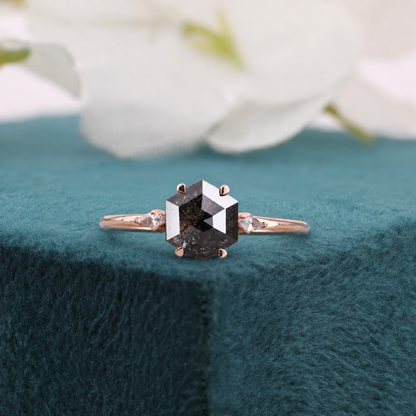 Hexagon Salt and Pepper Diamond Ring Rose Gold | Unique Engagement Ring | Geometric Diamond Ring | Alternative Bridal Ring