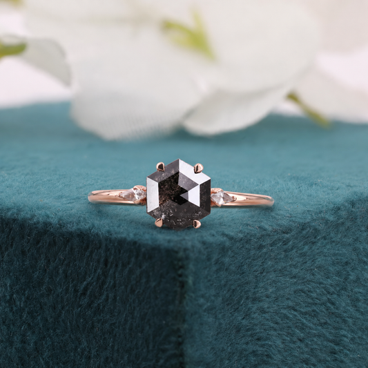 Hexagon Salt and Pepper Diamond Ring Rose Gold | Unique Engagement Ring | Geometric Diamond Ring | Alternative Bridal Ring