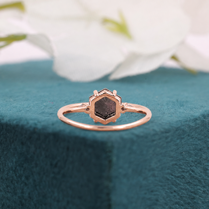 Hexagon Salt and Pepper Diamond Ring Rose Gold | Unique Engagement Ring | Geometric Diamond Ring | Alternative Bridal Ring