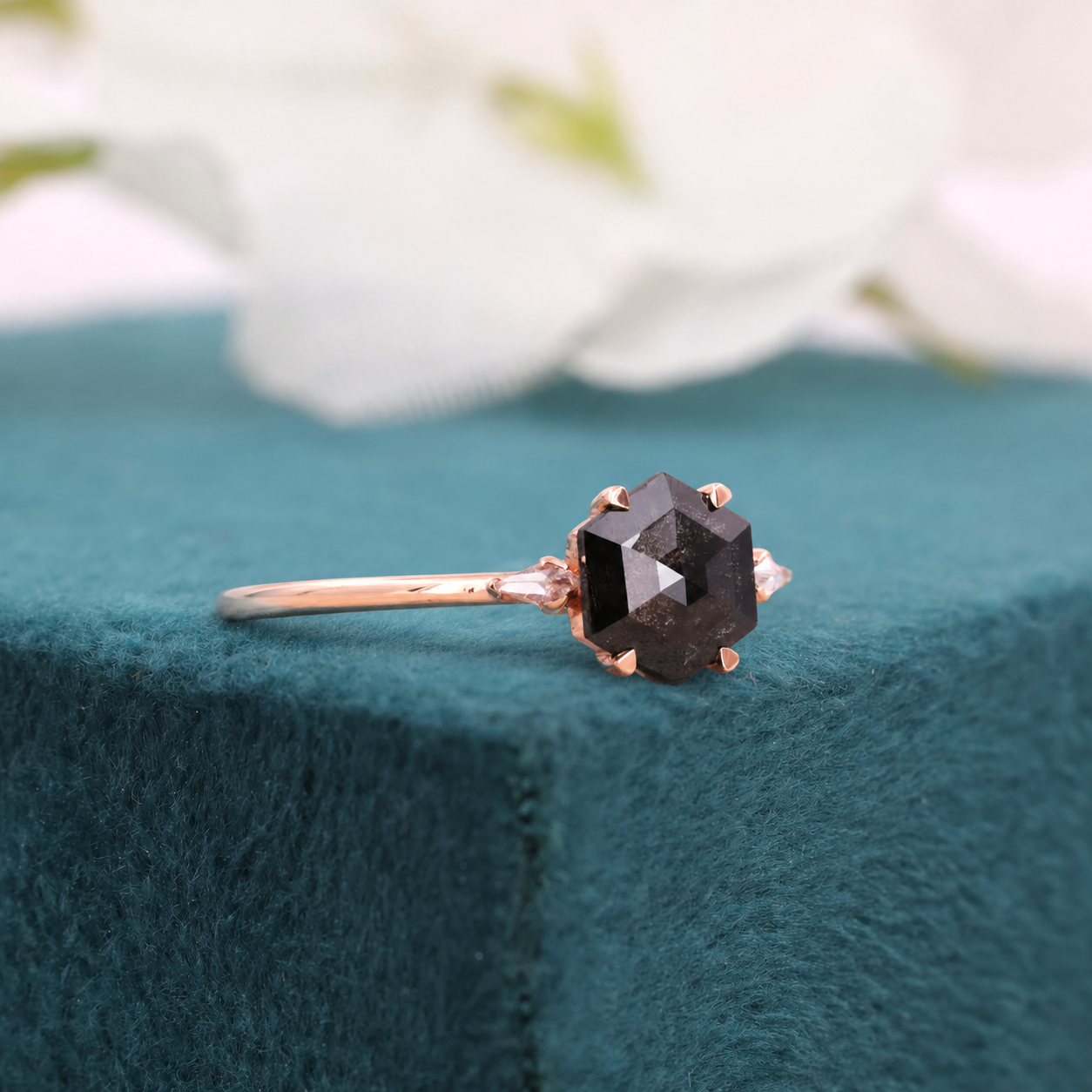 Hexagon Salt and Pepper Diamond Ring Rose Gold | Unique Engagement Ring | Geometric Diamond Ring | Alternative Bridal Ring