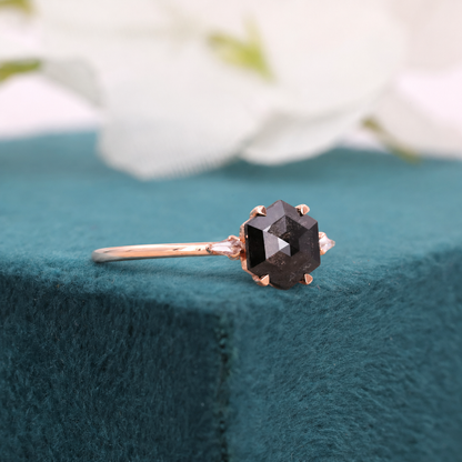 Hexagon Salt and Pepper Diamond Ring Rose Gold | Unique Engagement Ring | Geometric Diamond Ring | Alternative Bridal Ring