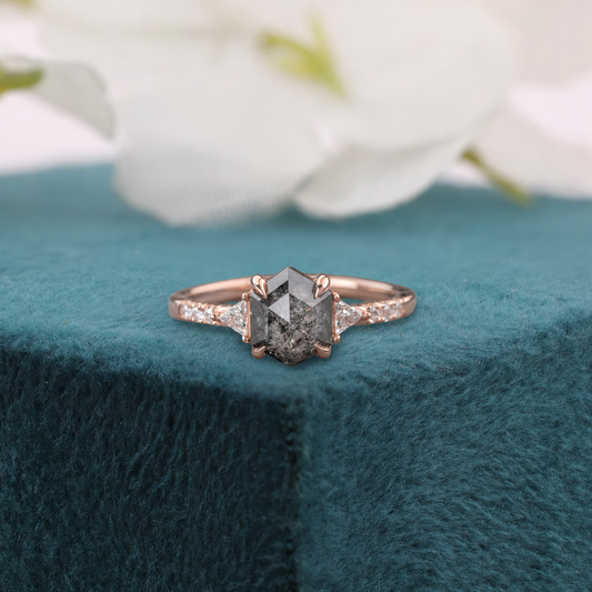 Hexagon Salt & Pepper Engagement Ring – Rose Gold Geometric Bridal Jewelry