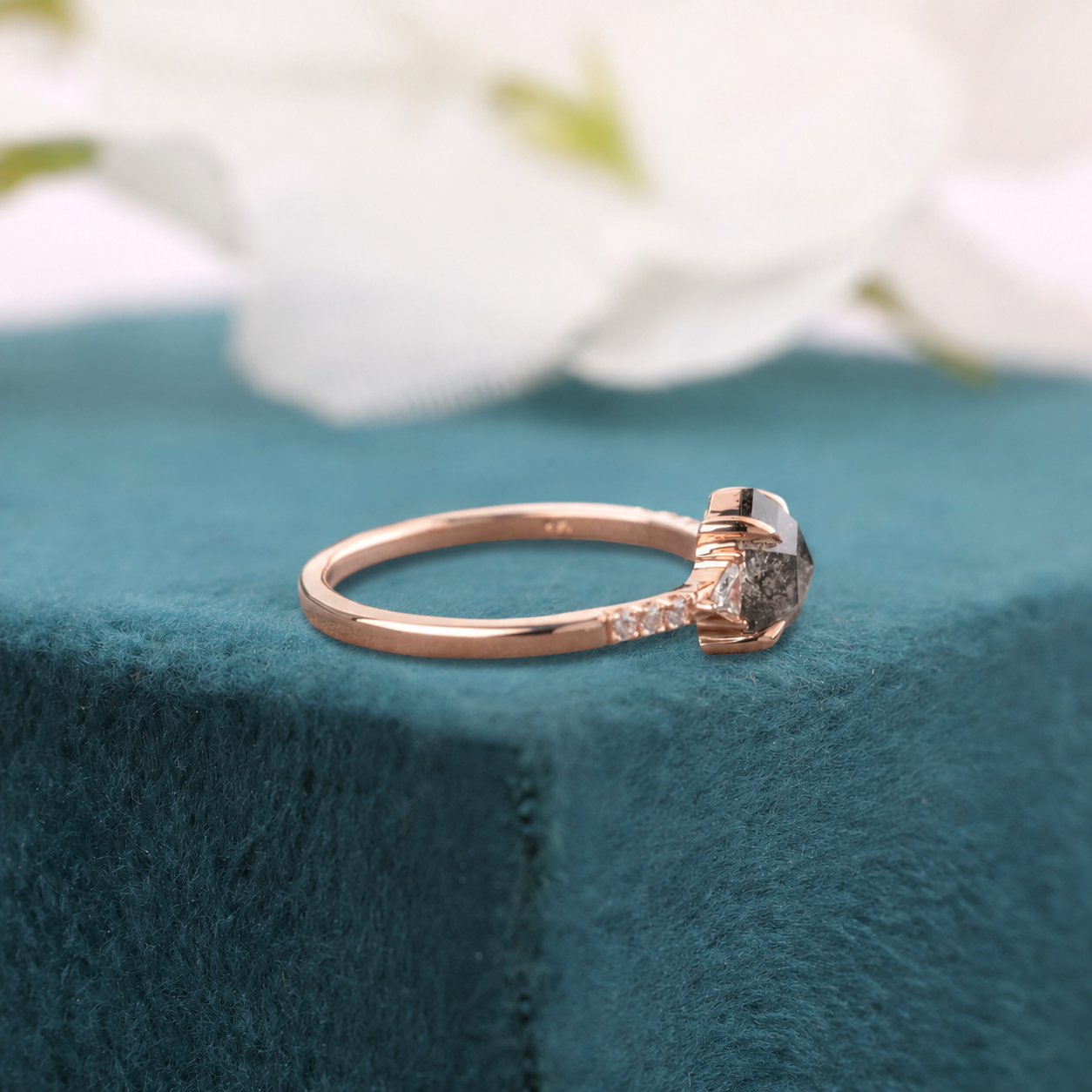 Hexagon Salt & Pepper Engagement Ring – Rose Gold Geometric Bridal Jewelry