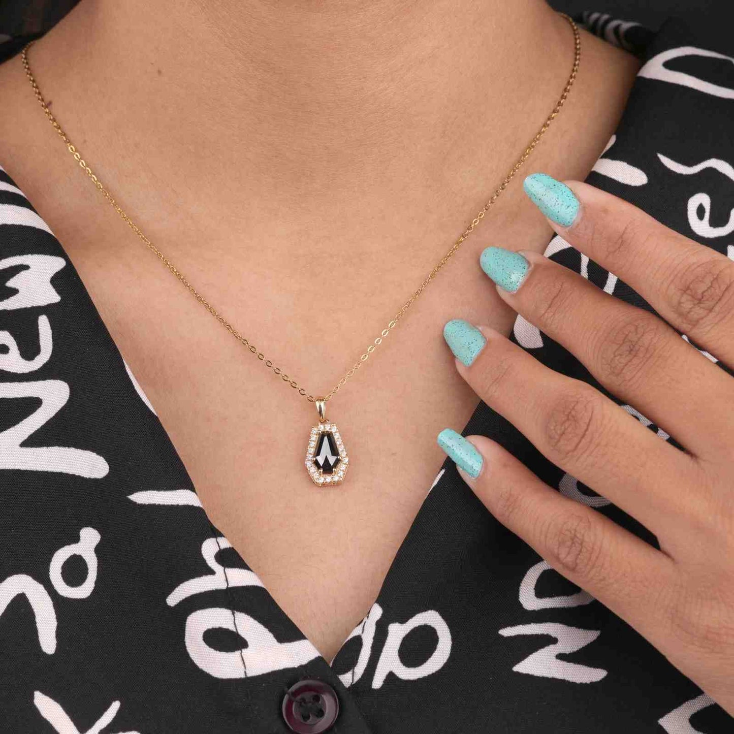 Gold Tone Coffin Pendant Necklace with Crystal Halo