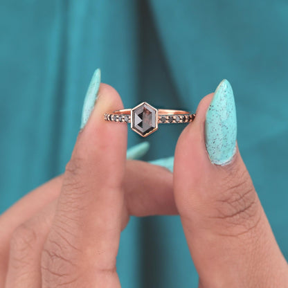 14KT Rose Gold Hexagon Diamond Ring with Black Band