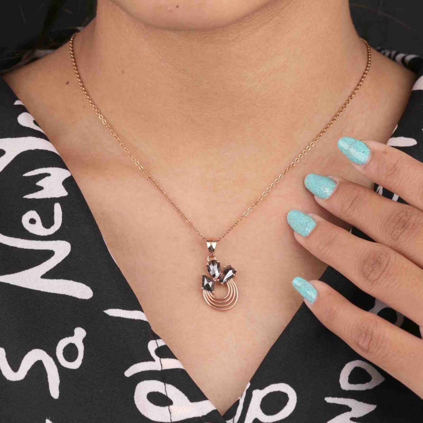 Minimalist Arc Necklace – Salt & Pepper Crystal in Rose Gold