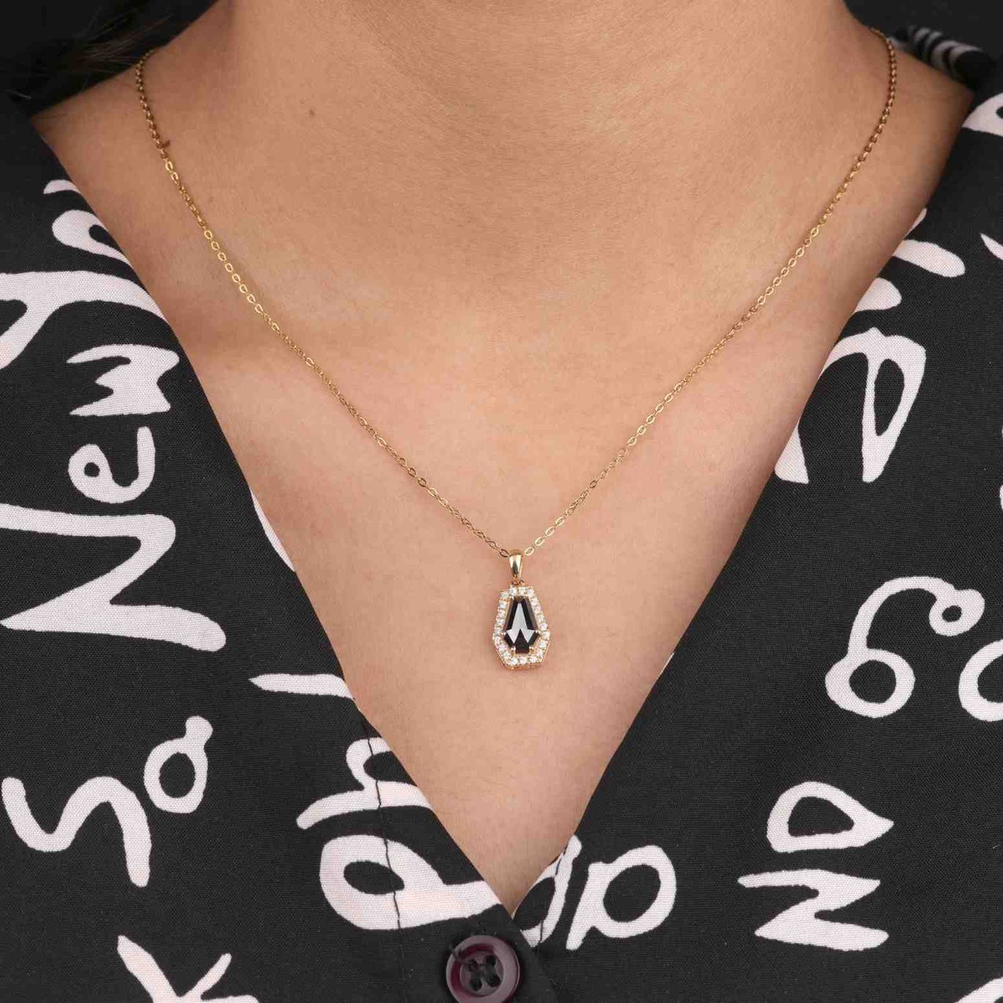 Gold Tone Coffin Pendant Necklace with Crystal Halo