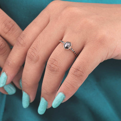 14KT Rose Gold Hexagon Diamond Ring with Black Band
