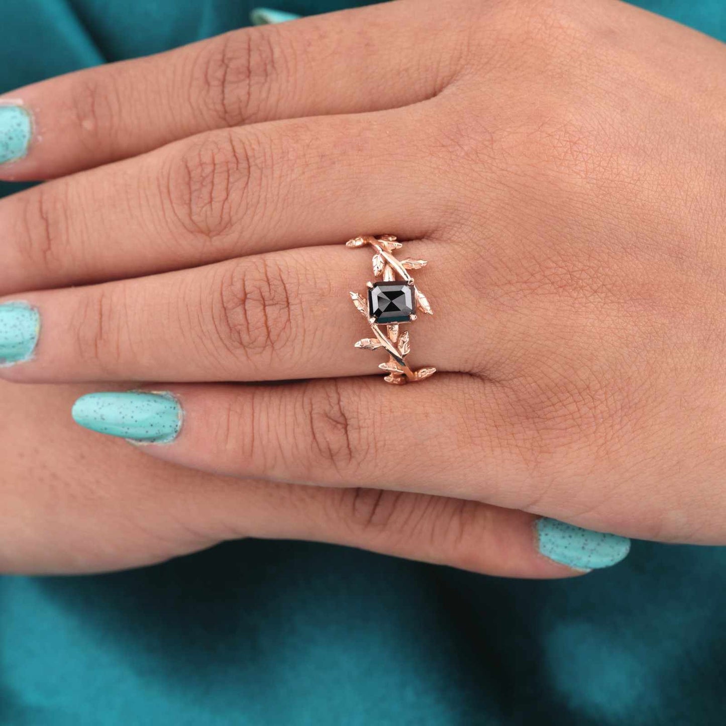 Emerald Cut Black Gem Ring – Rose Gold Leaf-Inspired Band