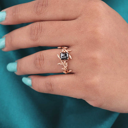 Emerald Cut Black Gem Ring – Rose Gold Leaf-Inspired Band