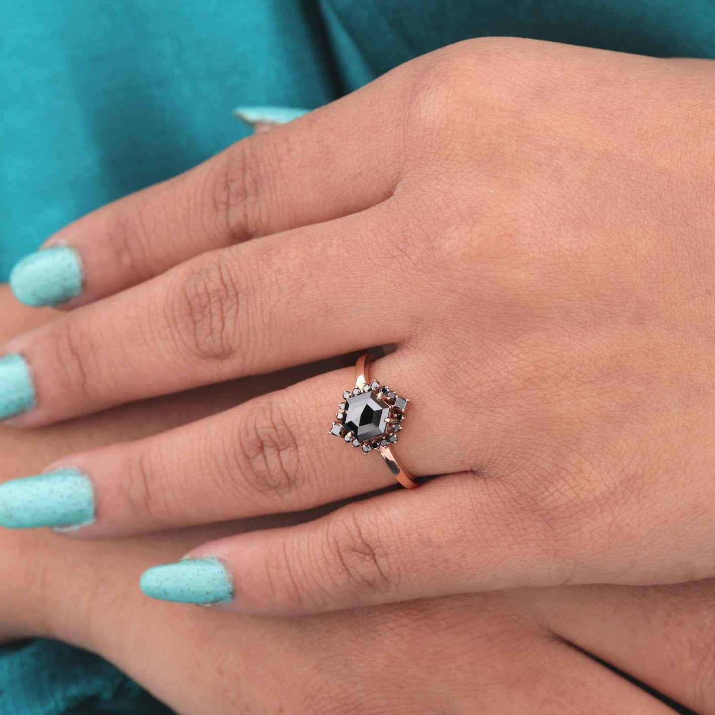 Edgy Engagement Ring – Hexagon Black Diamond in Rose Gold