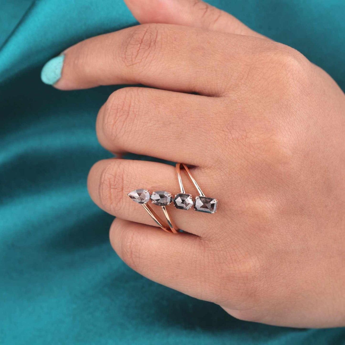 Modern Bypass Ring – Vertical Salt & Pepper Diamond in Rose Gold